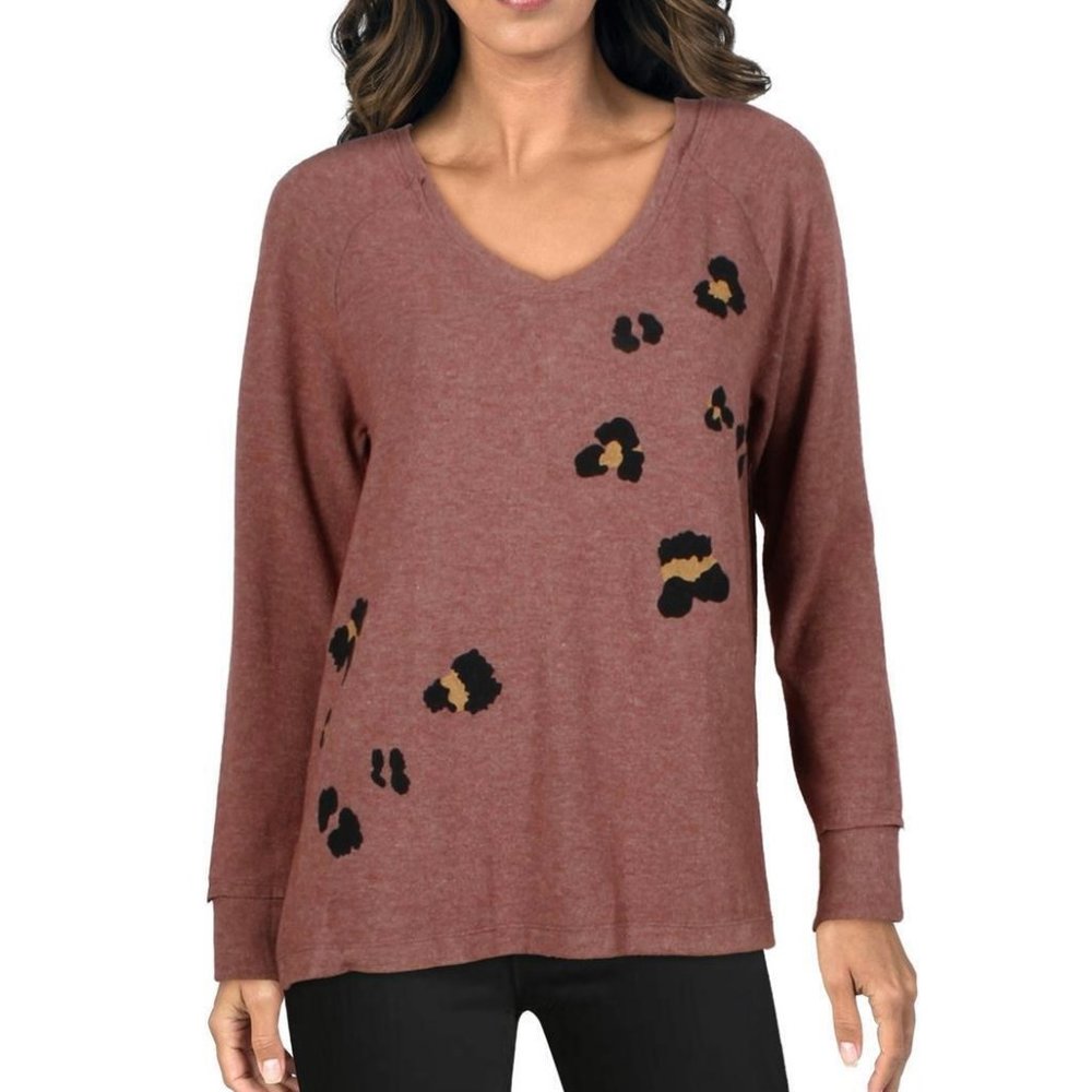 New Maronie Animal Print Soft Knit Long Sleeve Sweater Top Dusty Rose Size Small